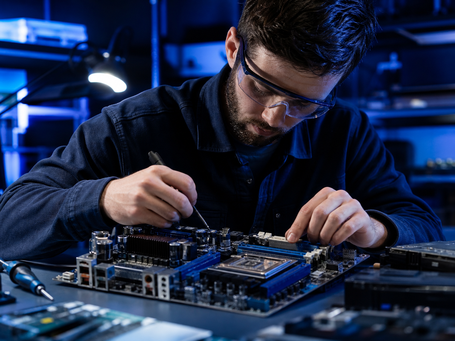 Técnico realizando manutenção em uma placa de computador