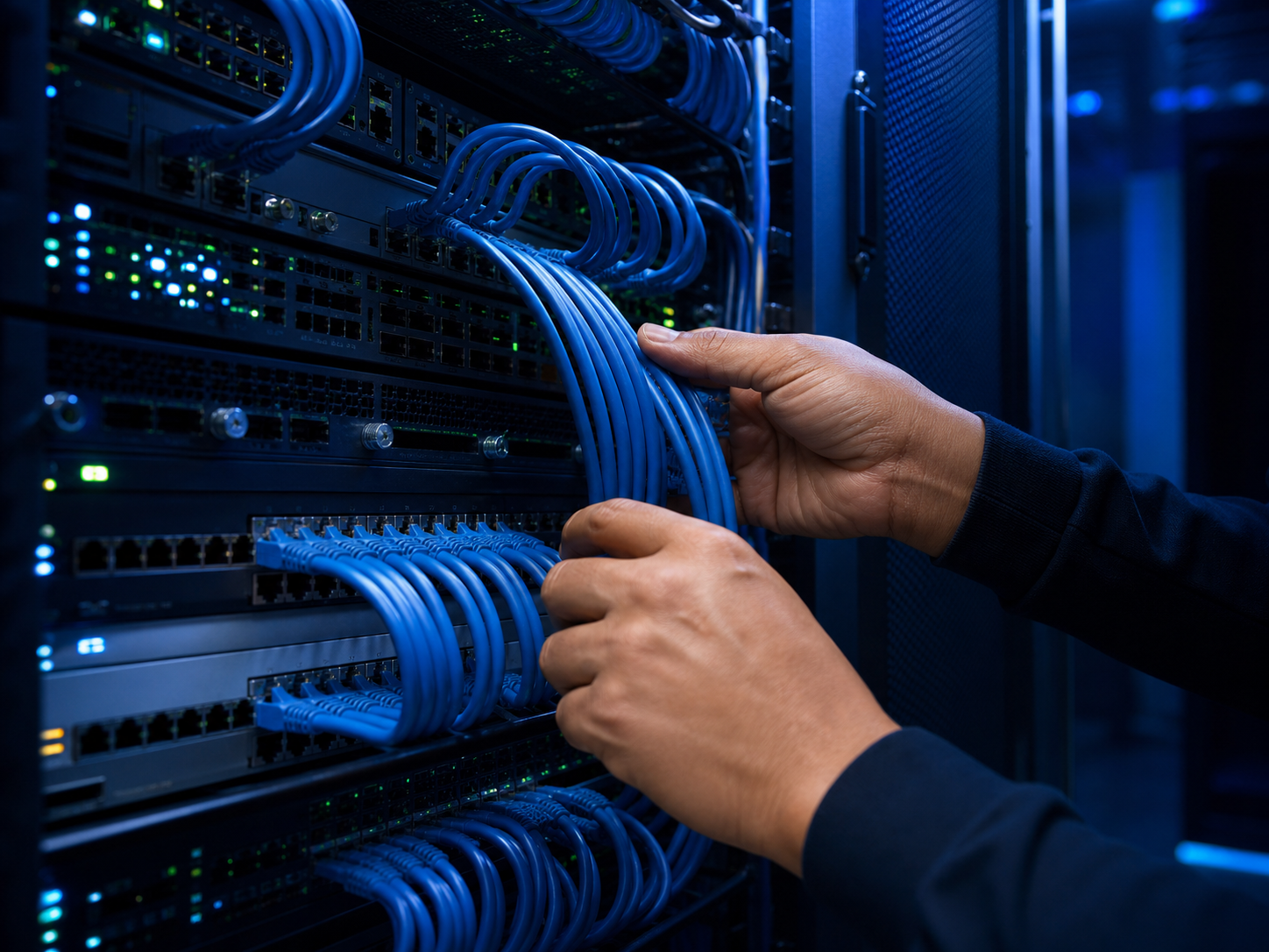 Cabos de rede sendo organizados em um rack profissional